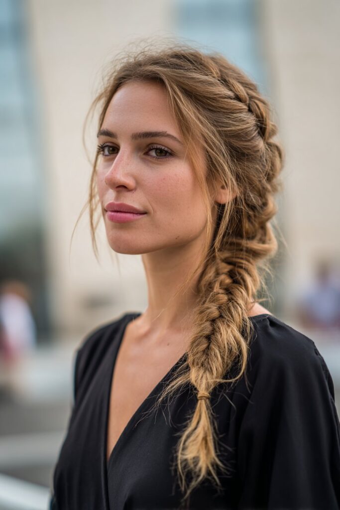 Side fishtail braid grad hairstyle with texture