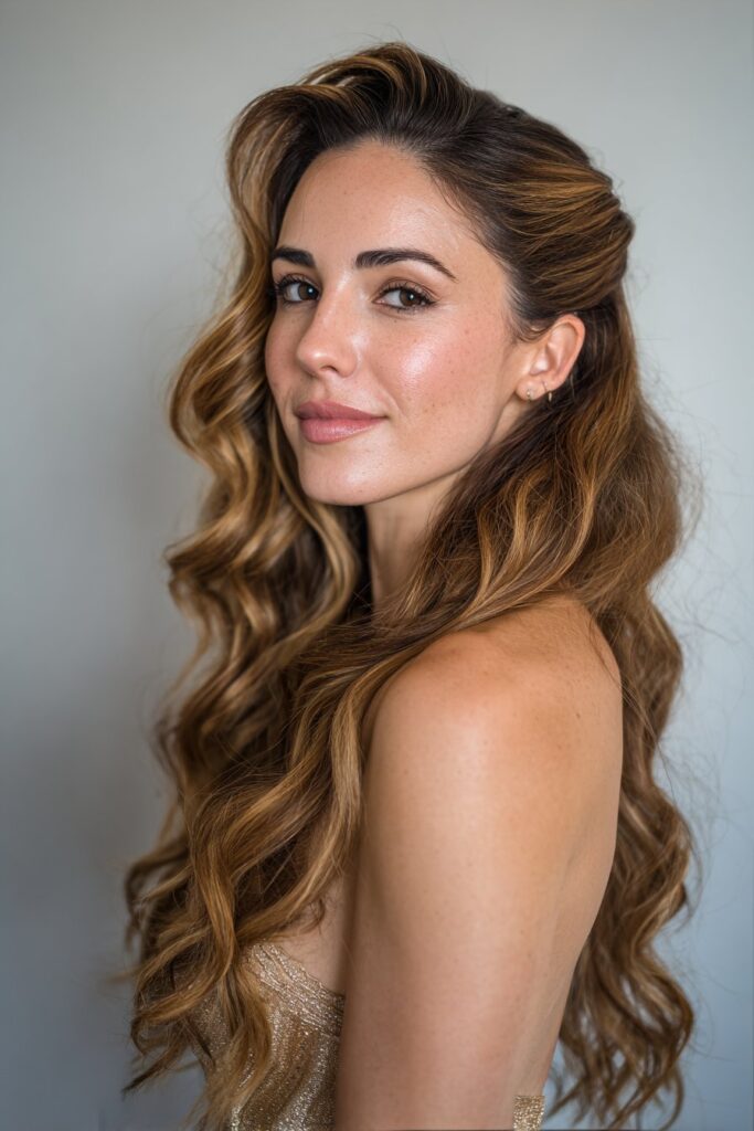Side swept curls prom hairstyle for medium length hair