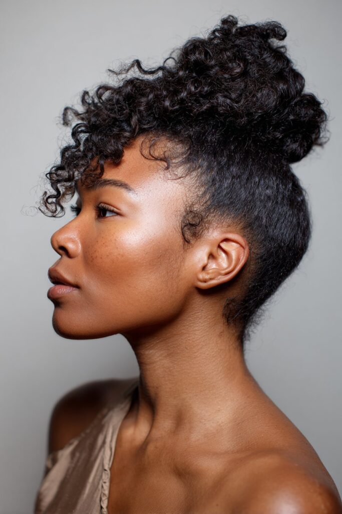 Side-swept curly bun hairstyle for Black women