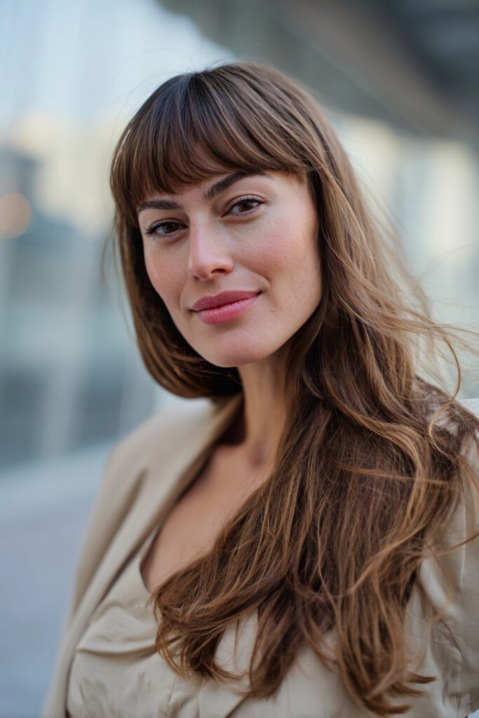 Side swept long curtain bangs framing a pear shaped face