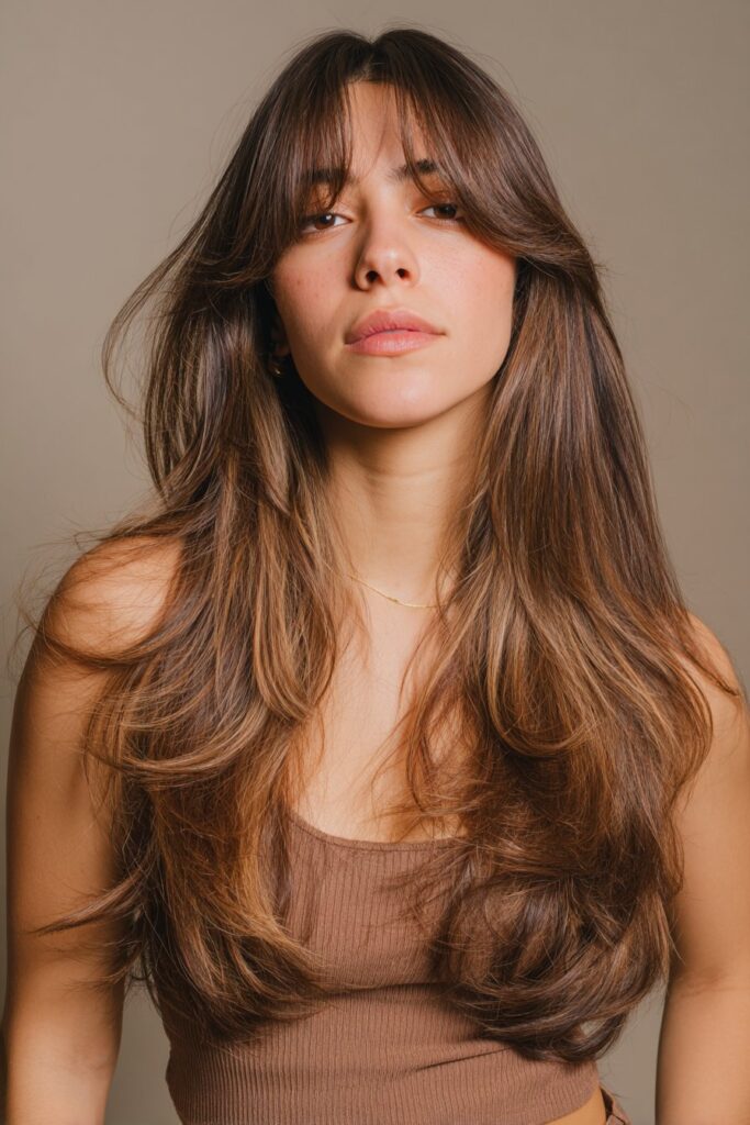 Long hairstyle with side-swept curtain bangs and soft layers