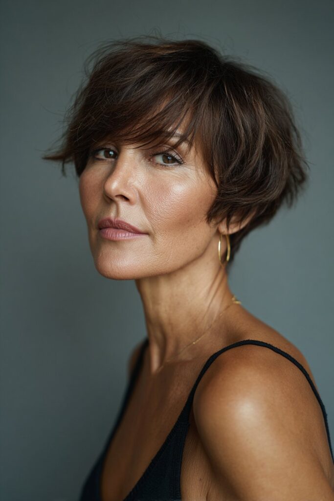 Side-swept pixie bob for women over 60 with thin fine hair