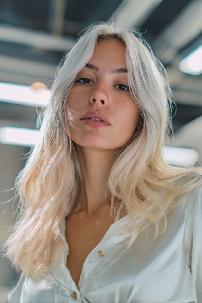 Silver blonde hair color with cool metallic shine