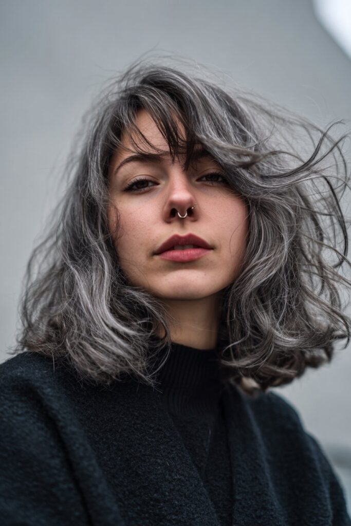 Silver textured gothic bob haircut with beachy waves and no bangs