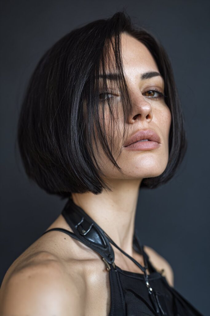 Sleek asymmetrical goth bob haircut with sharp lines and no fringe