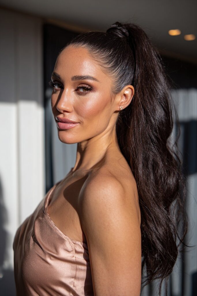 Sleek high ponytail prom hairstyle for long hair
