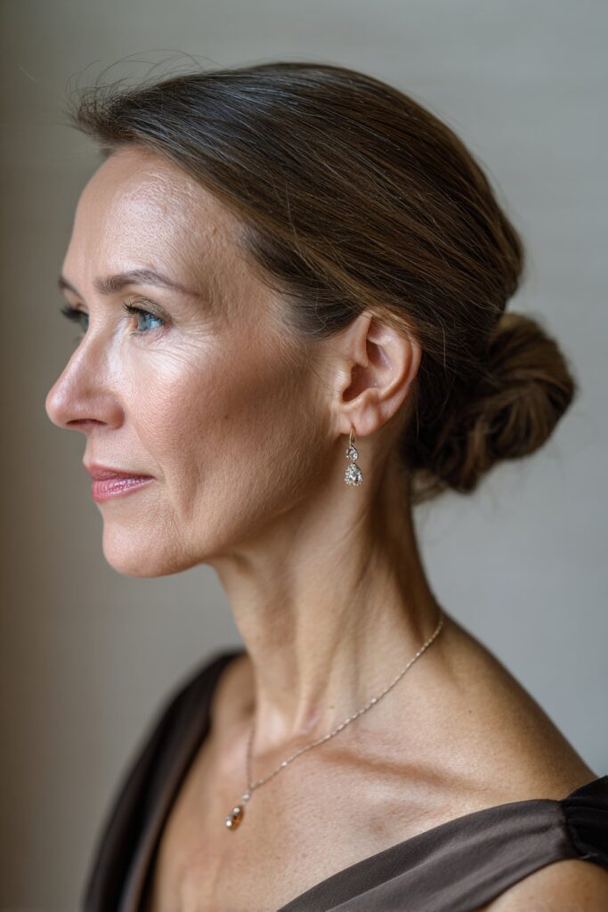 Sleek low bun with side part for mother of the bride hairstyle