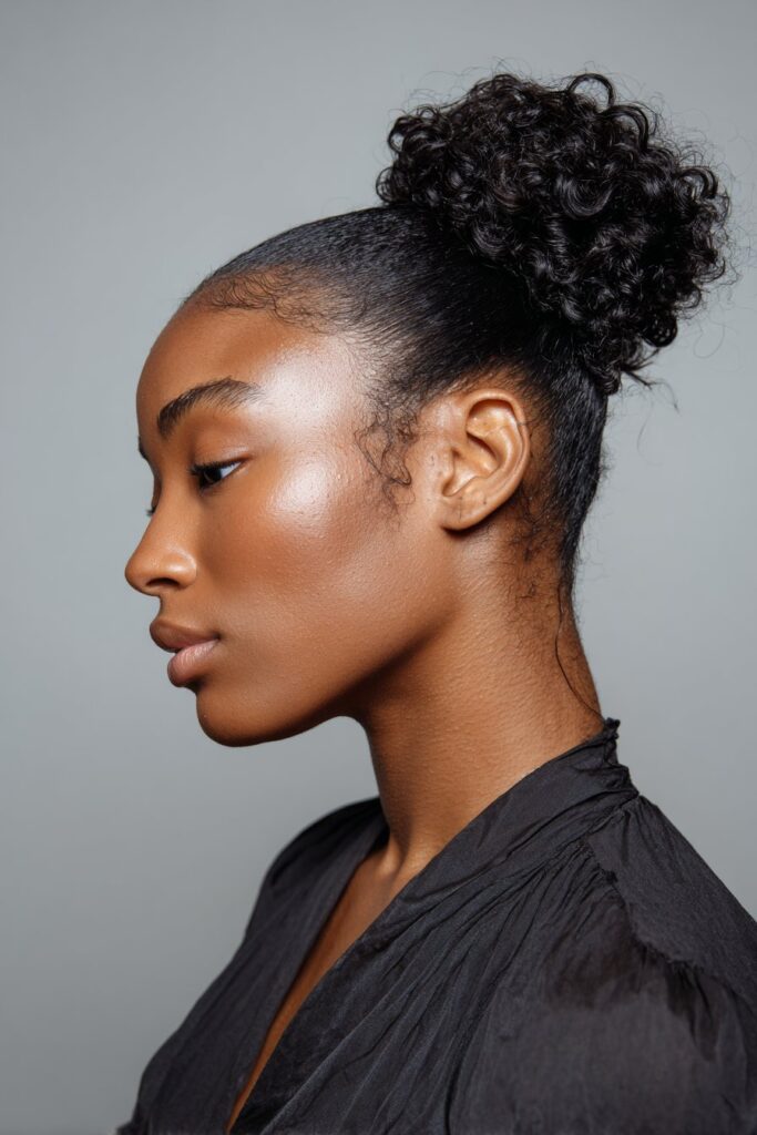 Sleek low curly bun hairstyle on Black hair