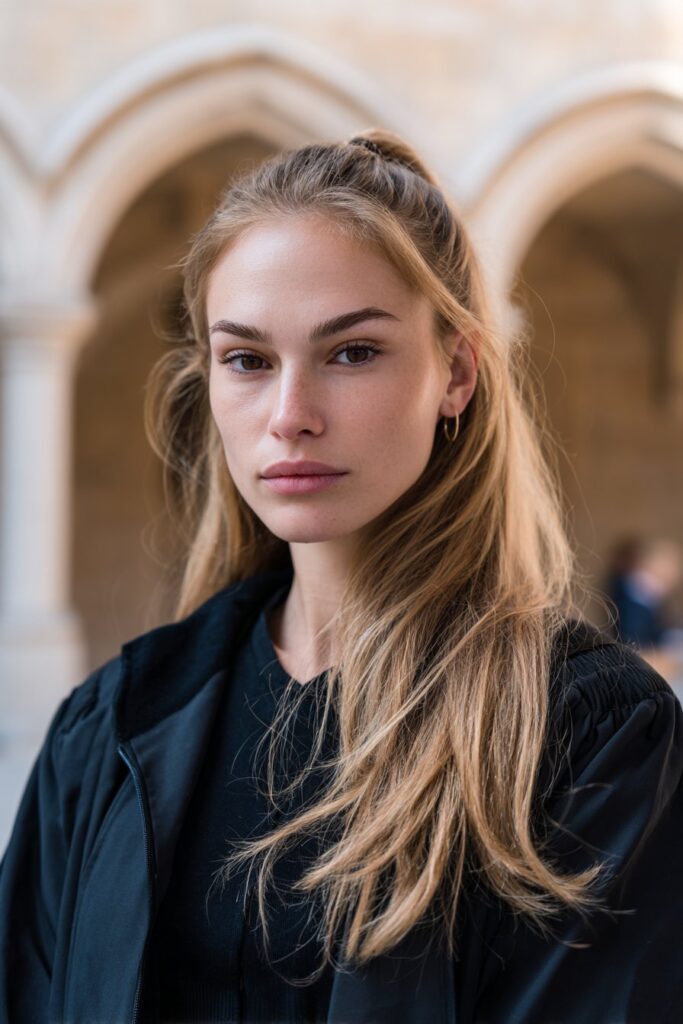 Sleek low ponytail grad hairstyle with wrapped band