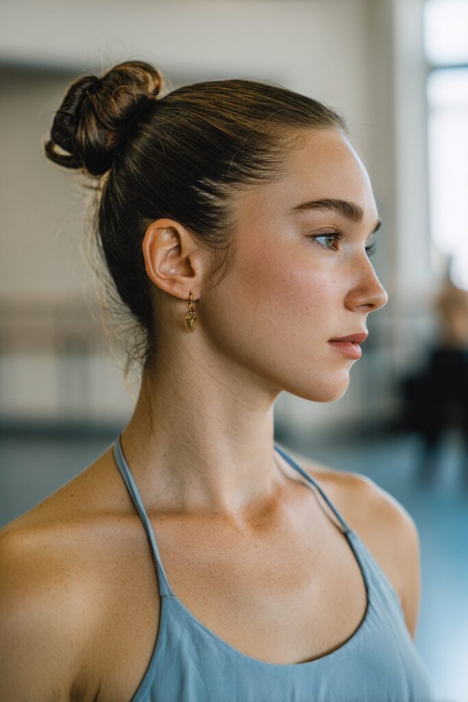 Slicked back low bun dance hairstyle for clean finish
