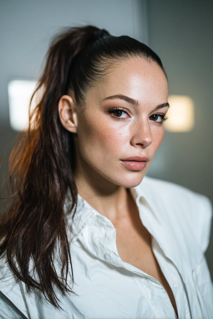 Slicked back ponytail fancy hairstyle with sleek style