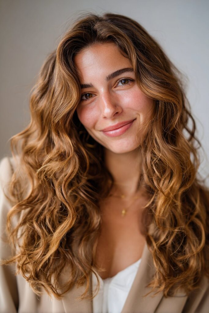 Soft curled long blended curtain bangs hairstyle