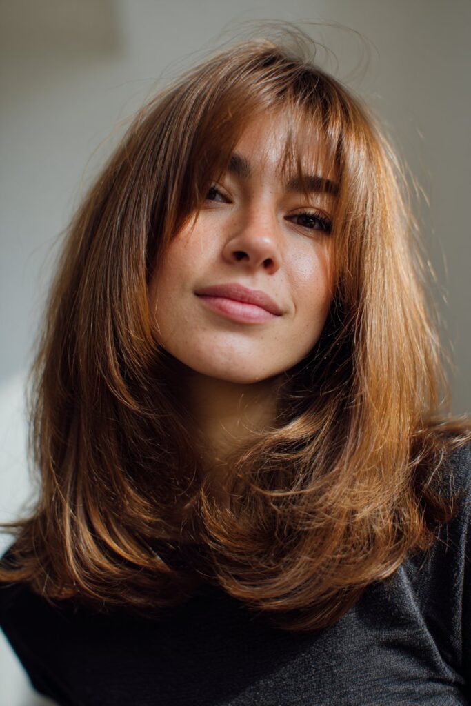 Soft layered long curtain bangs framing a round face