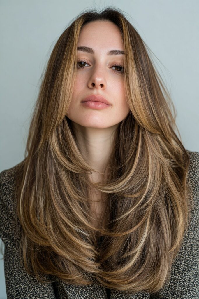 Soft layered medium haircut with curtain bangs and balayage highlights