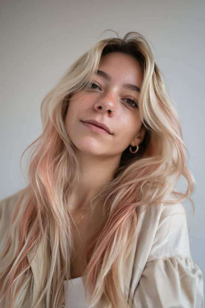 Soft pastel calico hair color with rose gold and cream tones