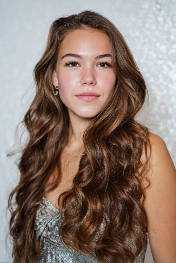 Soft wavy prom hairstyle for long hair with natural volume