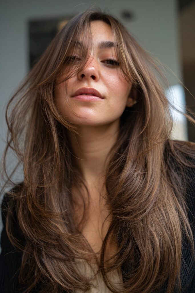 Soft wispy long blended curtain bangs framing the face