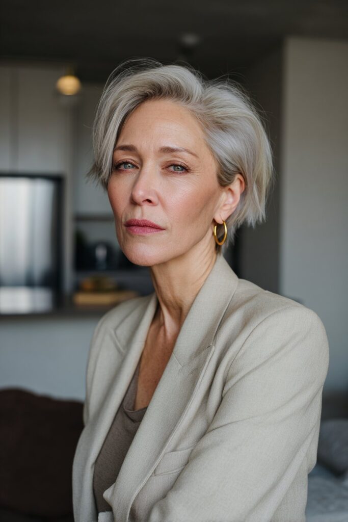 Sophisticated lob hairstyle for women over 60 with fine thin hair