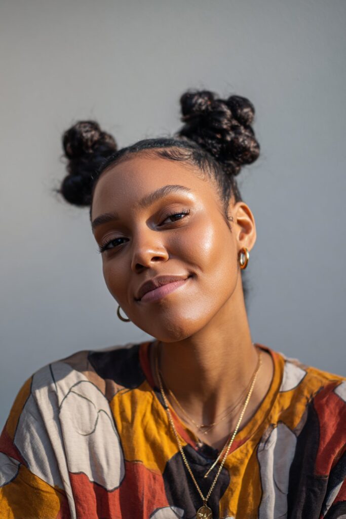 15 Gorgeous Black Hair Updo Hairstyles to Try Today 10 Double space buns updo on Black hair