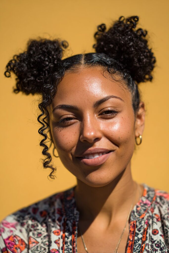 Curly space buns hairstyle for Black women