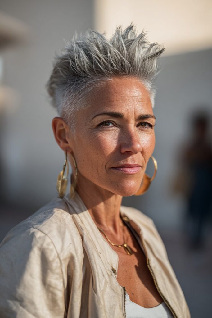 Spiky faux hawk haircut for older women with bold style