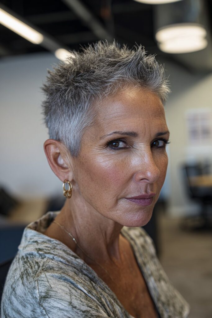 Spiky pixie haircut with colored highlights for mature women