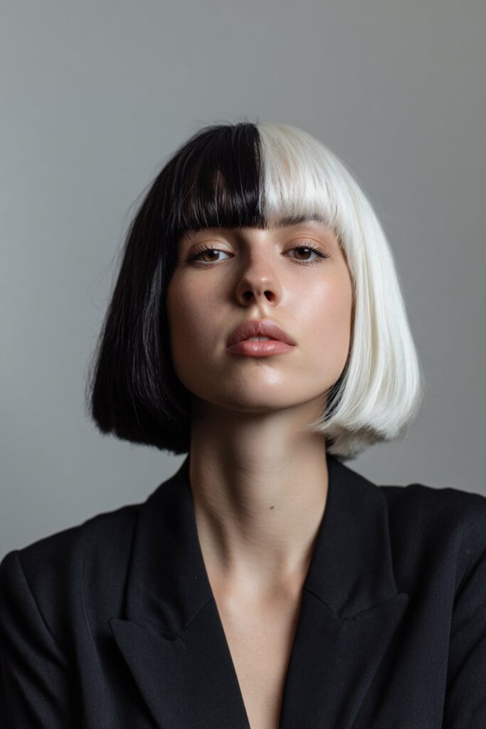 Split dye black and white goth bob haircut with no fringe