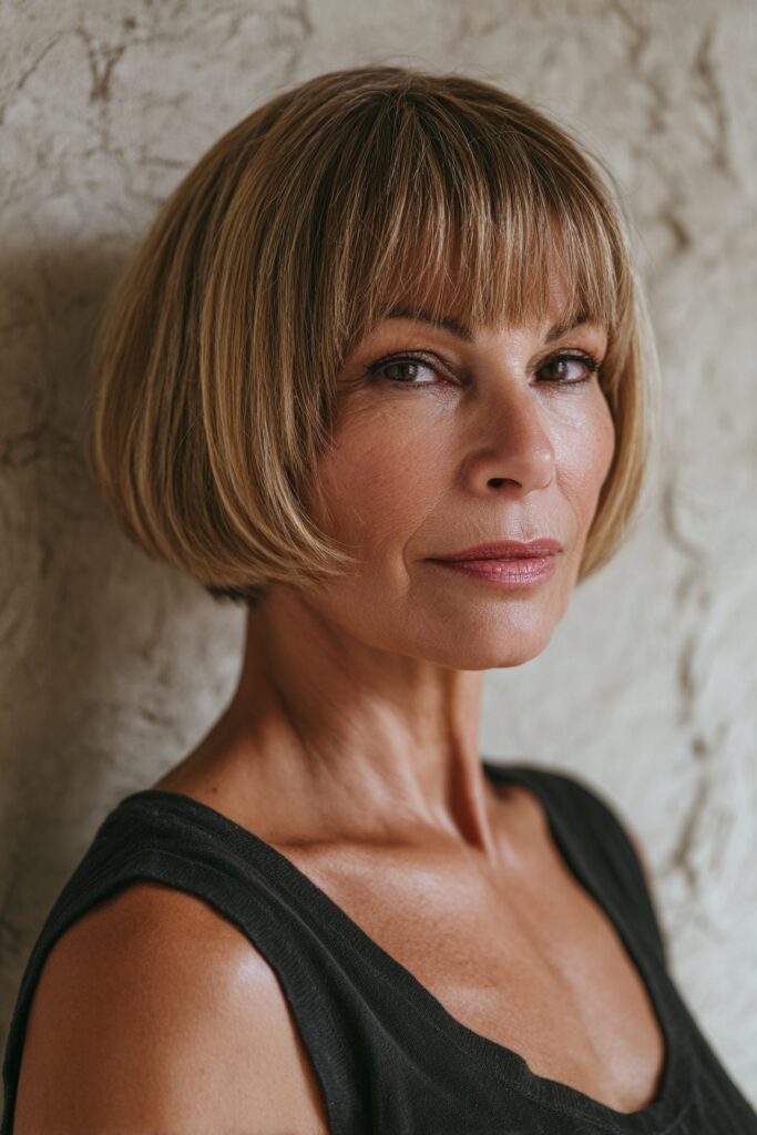 Stacked bob haircut for women over 50 with feathered bangs