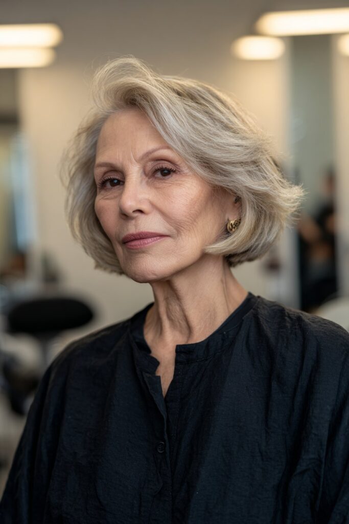 Stacked bob hairstyle for thin fine hair over 60 with added volume