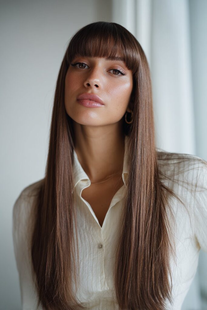 Straight long hair with curtain bangs parted in the middle