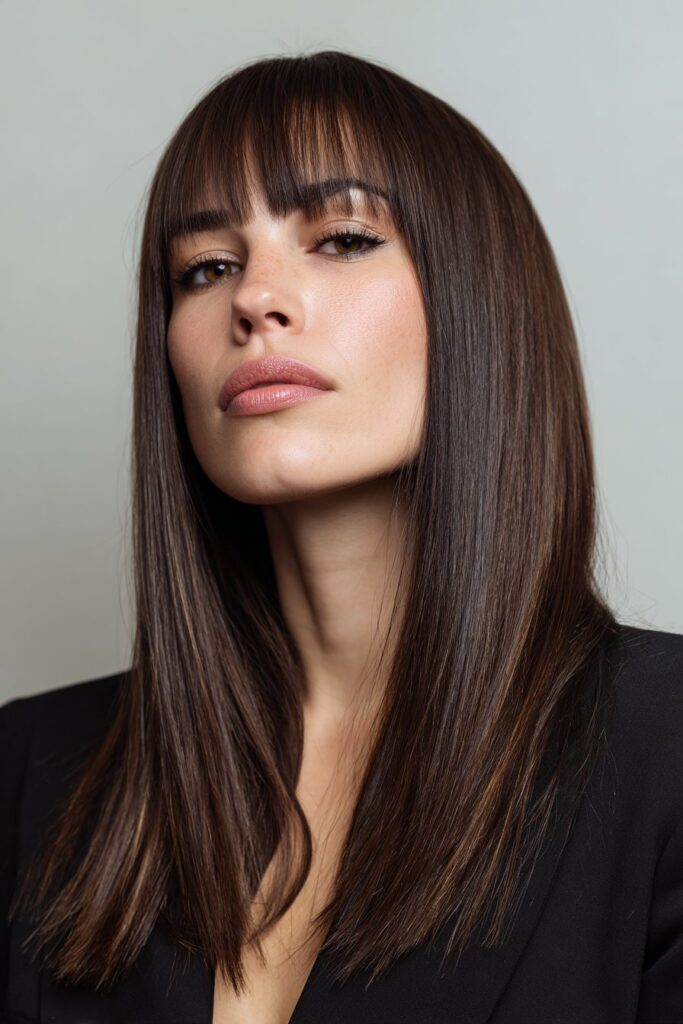Straight medium length haircut with curtain bangs