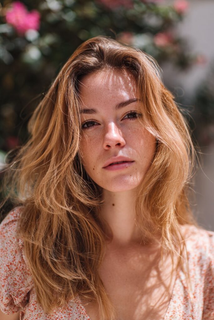 Strawberry blonde hair color with soft red undertones