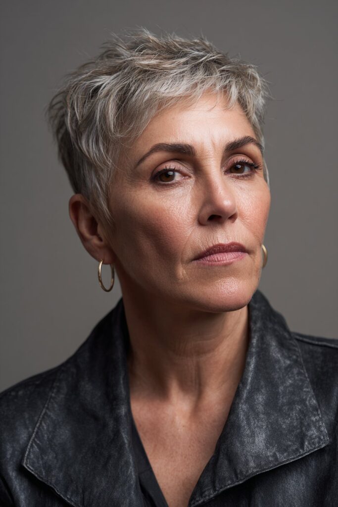 Tapered pixie haircut for women over 50 with piecey fringe