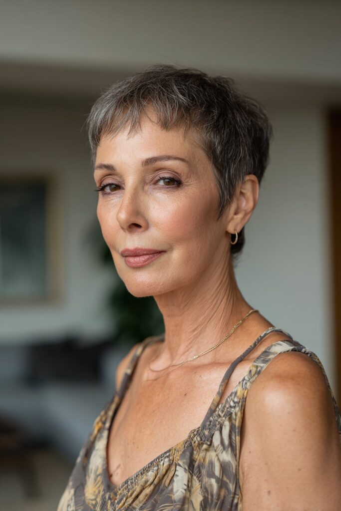 Tapered pixie haircut for women over 60 with side bangs