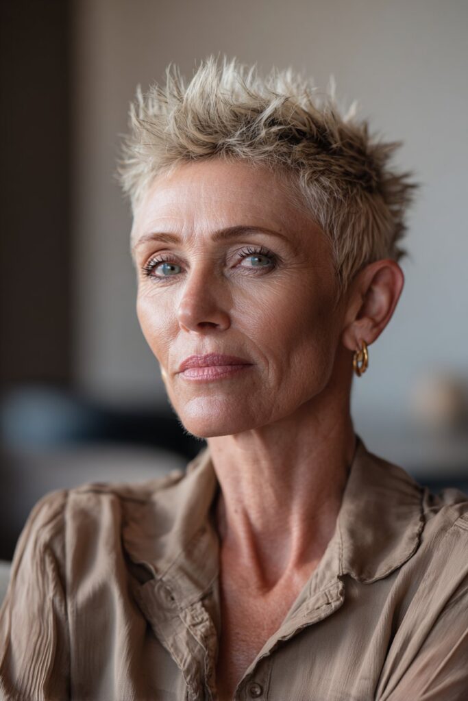 Tapered spiky haircut with side sweep for women over 50