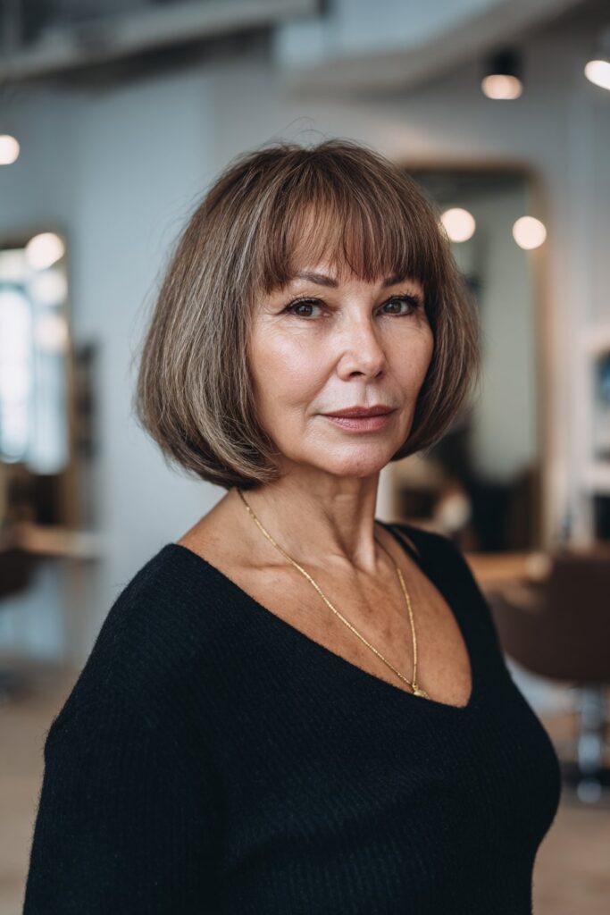 Textured bob haircut for women over 50 with side-swept bangs