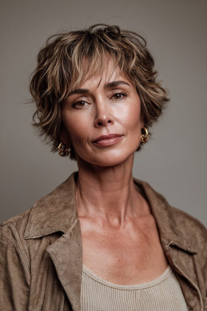 Textured crop haircut for women over 50 with wispy layers and easy styling