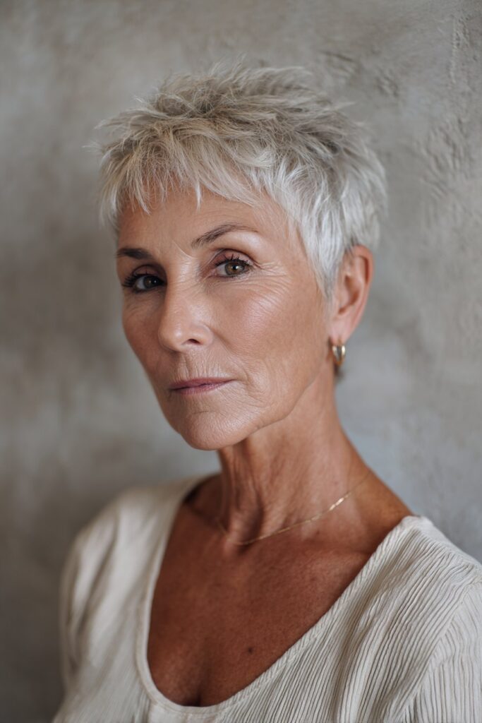Feathered pixie haircut for thin fine hair over 60 with light texture