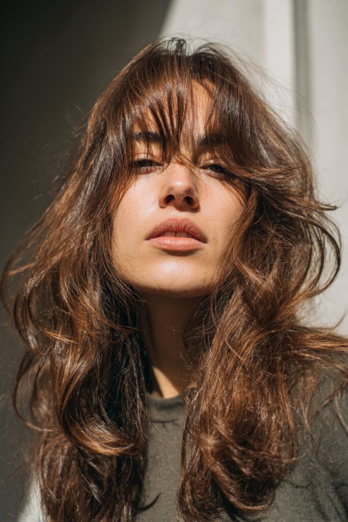 Textured long blended curtain bangs with layered movement