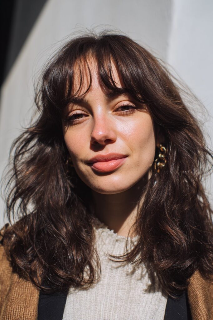 Textured long curtain bangs framing a diamond face shape