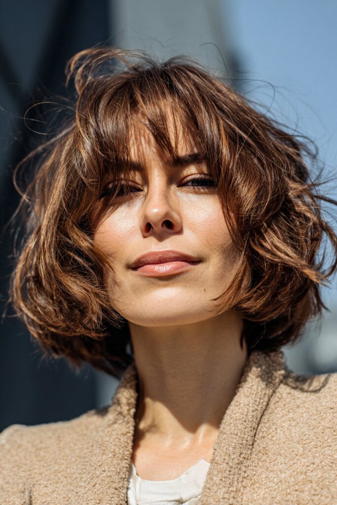 Textured medium bob haircut with curtain bangs