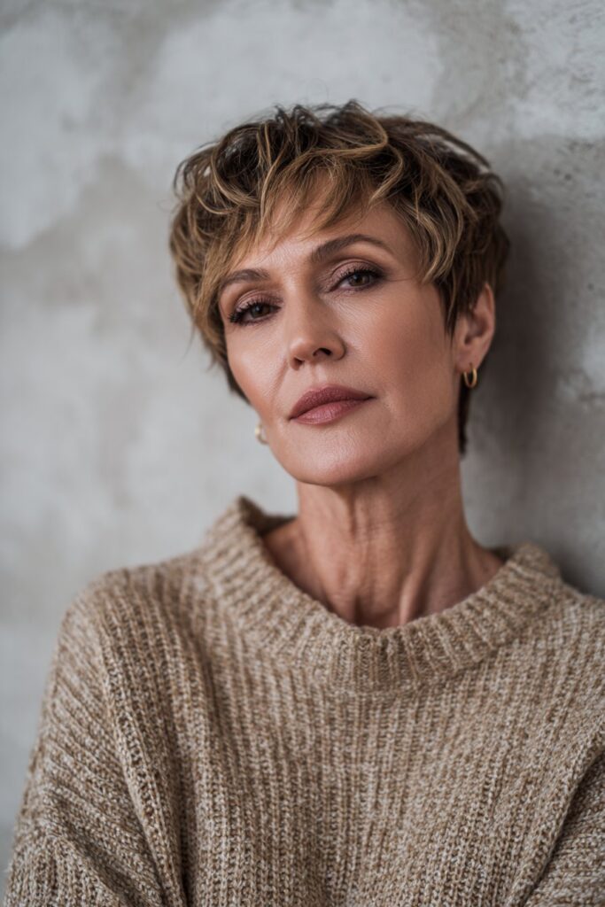 Textured pixie haircut for women over 50 with easy low maintenance care