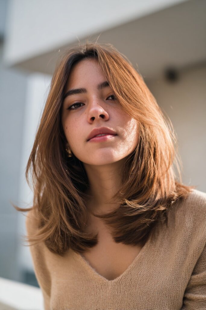 Medium length razor cut layered hairstyle with texture