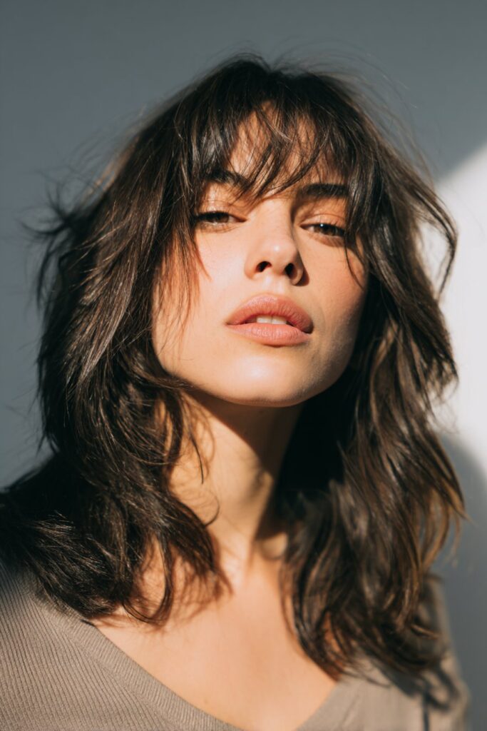 Textured shaggy haircut with asymmetrical bangs for movement