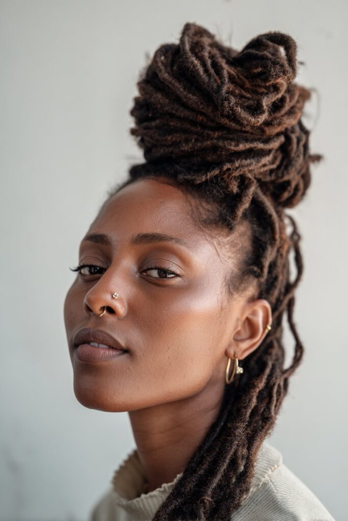 Textured top knot with cascading locs