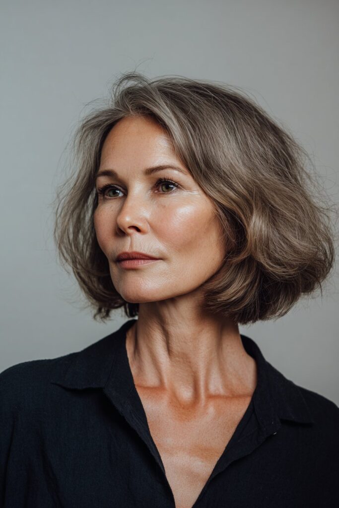 Classic lob haircut for women over 50 with low maintenance styling