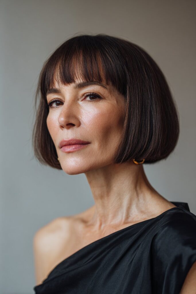 One-length bob haircut for women over 50 with sleek low maintenance finish