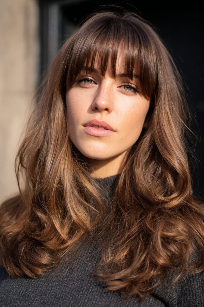 Thick curtain bangs with face framing layers for long face shape