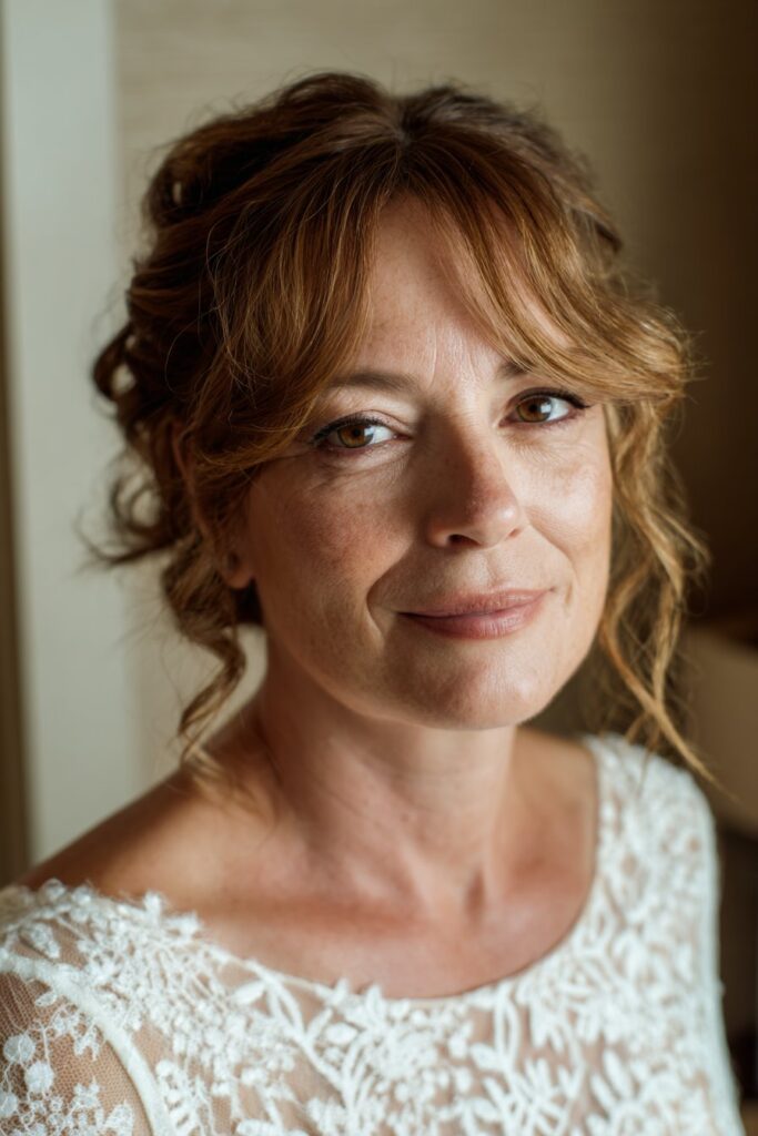 Tousled half-up half-down short hairstyle for mother of the bride