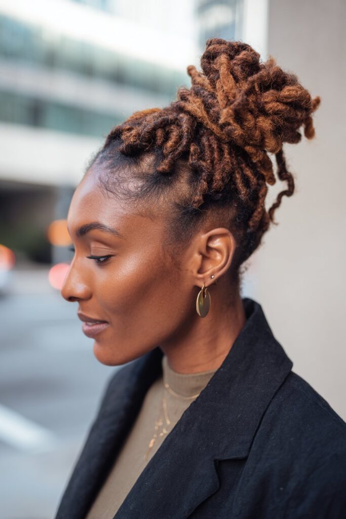 Twisted low bun updo on locs with color highlights
